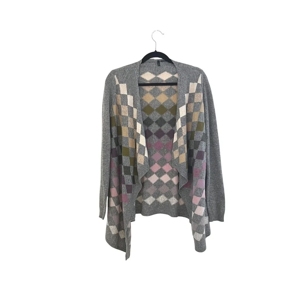 Stile Benetton Wool Blend Grey Argyle Diamond Academia Preppy Cardigan Sweater S - Picture 2 of 9